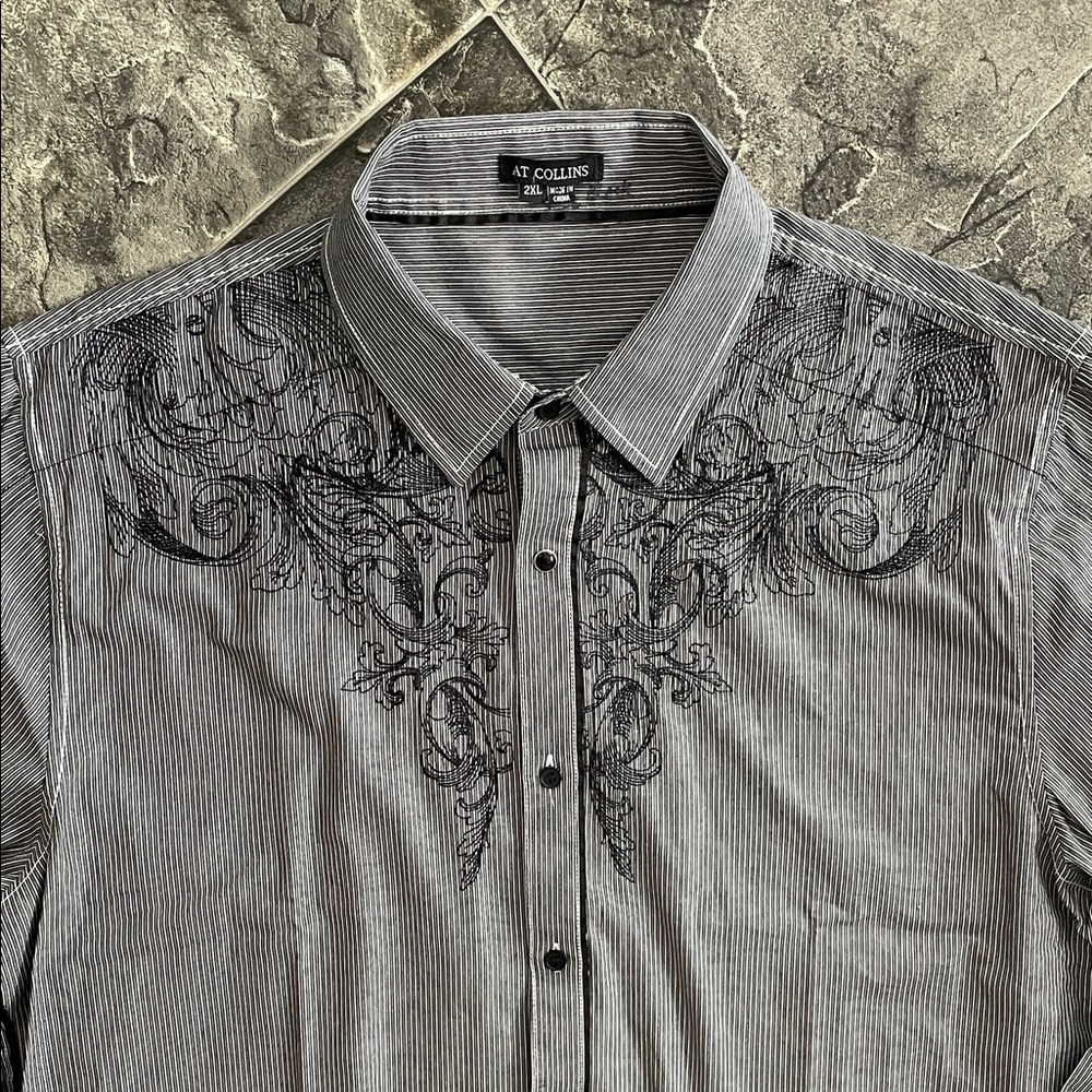 AT COLLINS Embroidered B&W Striped Snap-Button Western Y2K Rodeo Casual Shirt
